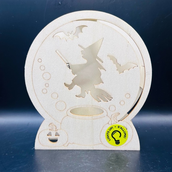 Wooden Lit Witch on a Broom Halloween Craft Decor Paint Yourself Night Light - Picture 2 of 3